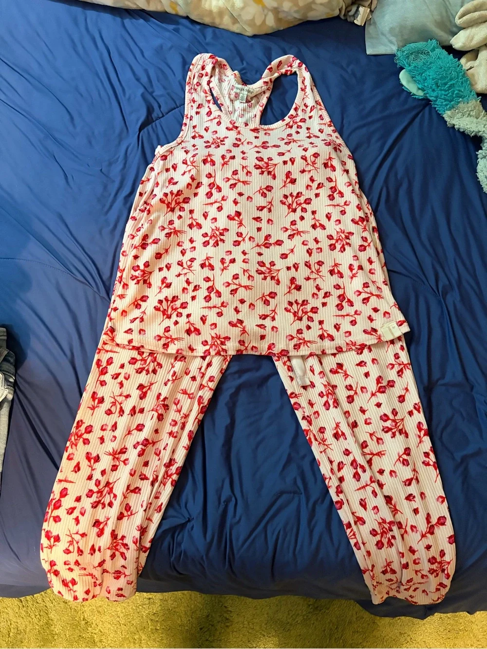 Women’s Pink and red Floral Tank & Pant Pajama Set. Pants are ankle pants.